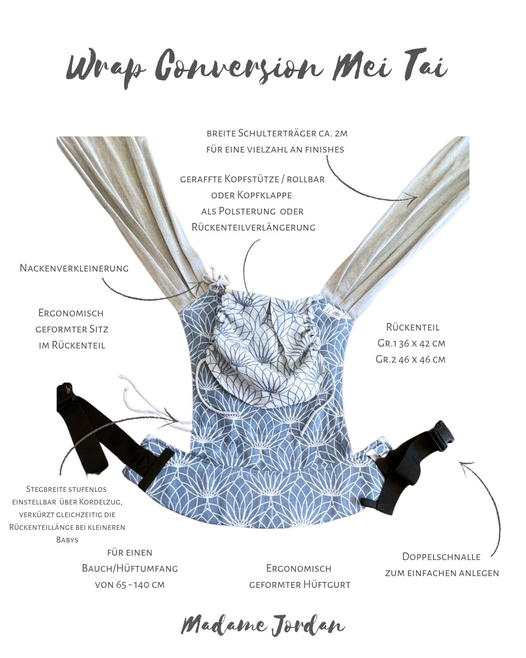 Deine Wunschtrage aus Tulipe Turquoise Tragetuchstoff - Sauvage Rouge - Wrap Conversion Mei Tai Halfbuckle Gr. 1 ab Geburt
