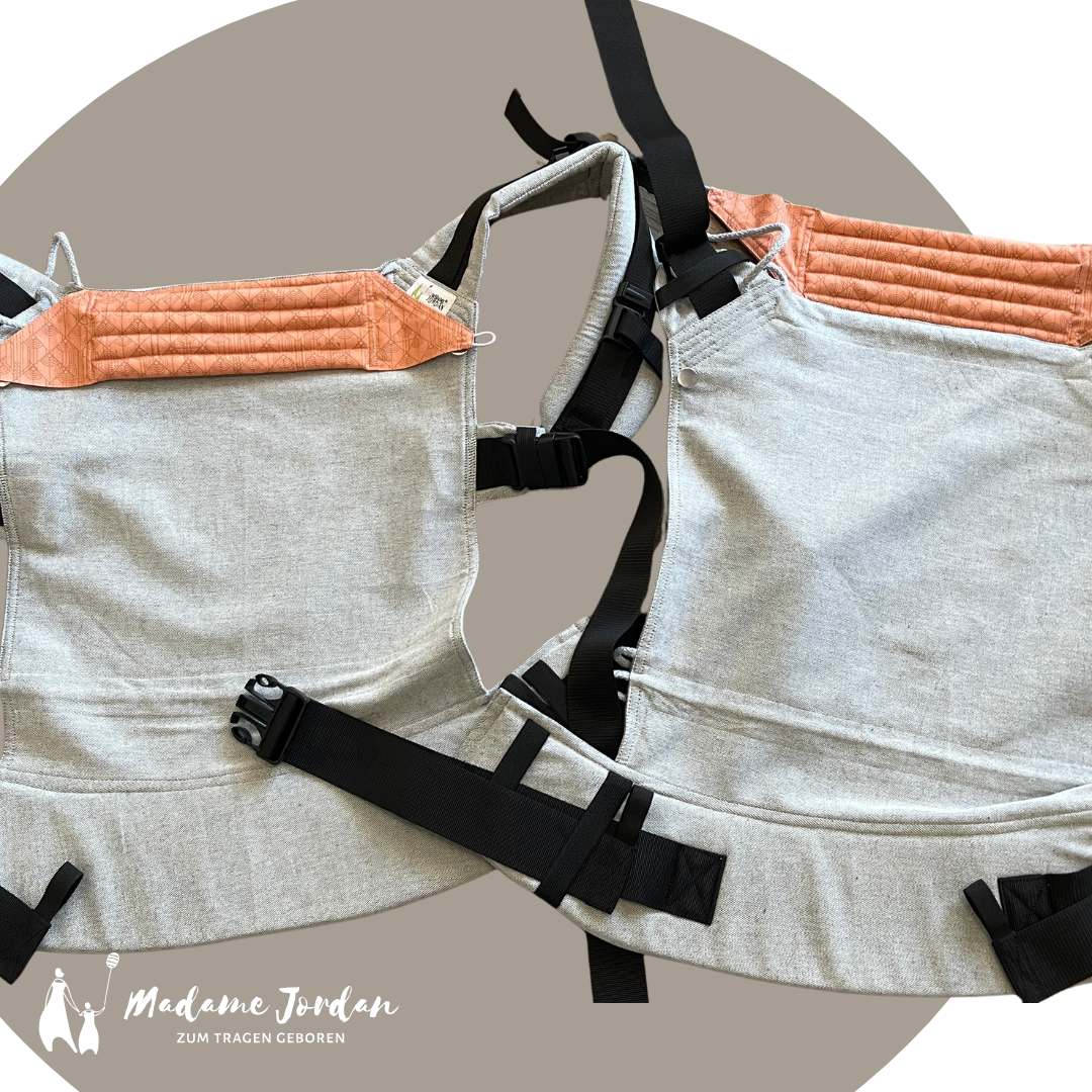 Madame Jordan TwinEase - Fullbuckle Babytrage für Zwillinge - Grau / Apricot ab Geburt